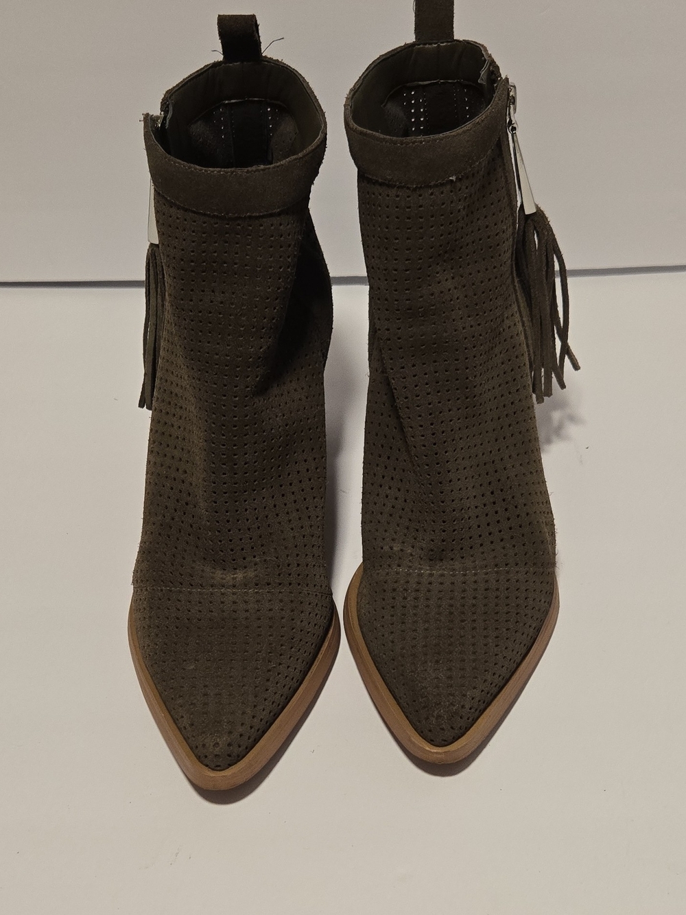 Guess Olive Suede Perforated Pointed Ankle Boots with Tassel Zip